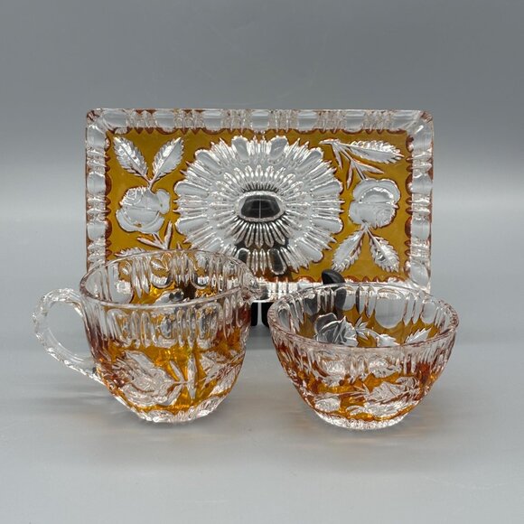 Walther Glas Germany Amber Etched Glass Cream and Sugar Set with Tray - Picture 8 of 8
